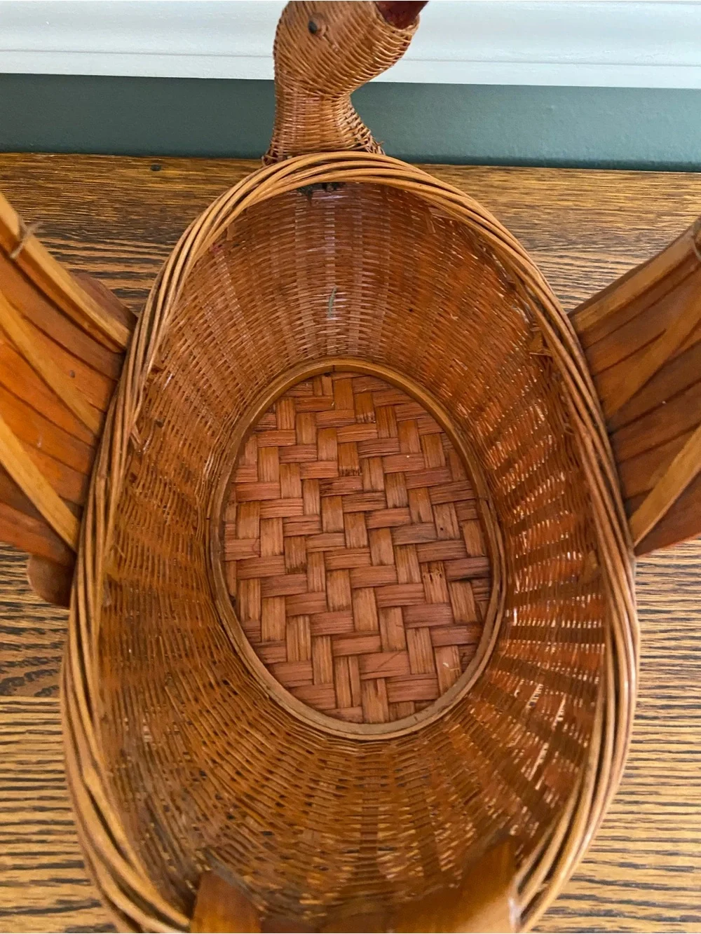 Vintage Woven Wicker Rattan Duck Basket Angled Neck Wood Beak Eyes